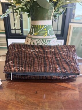 BCBGeneration Brown Sequin Zebra Fold-Over Clutch